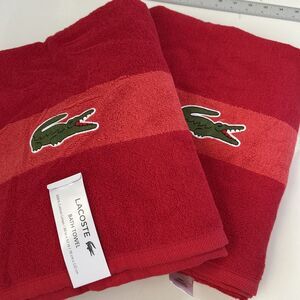 Two Lacoste Bath Towel Color Block Red Big Croc Logo 100% Cotton 30”x 52”